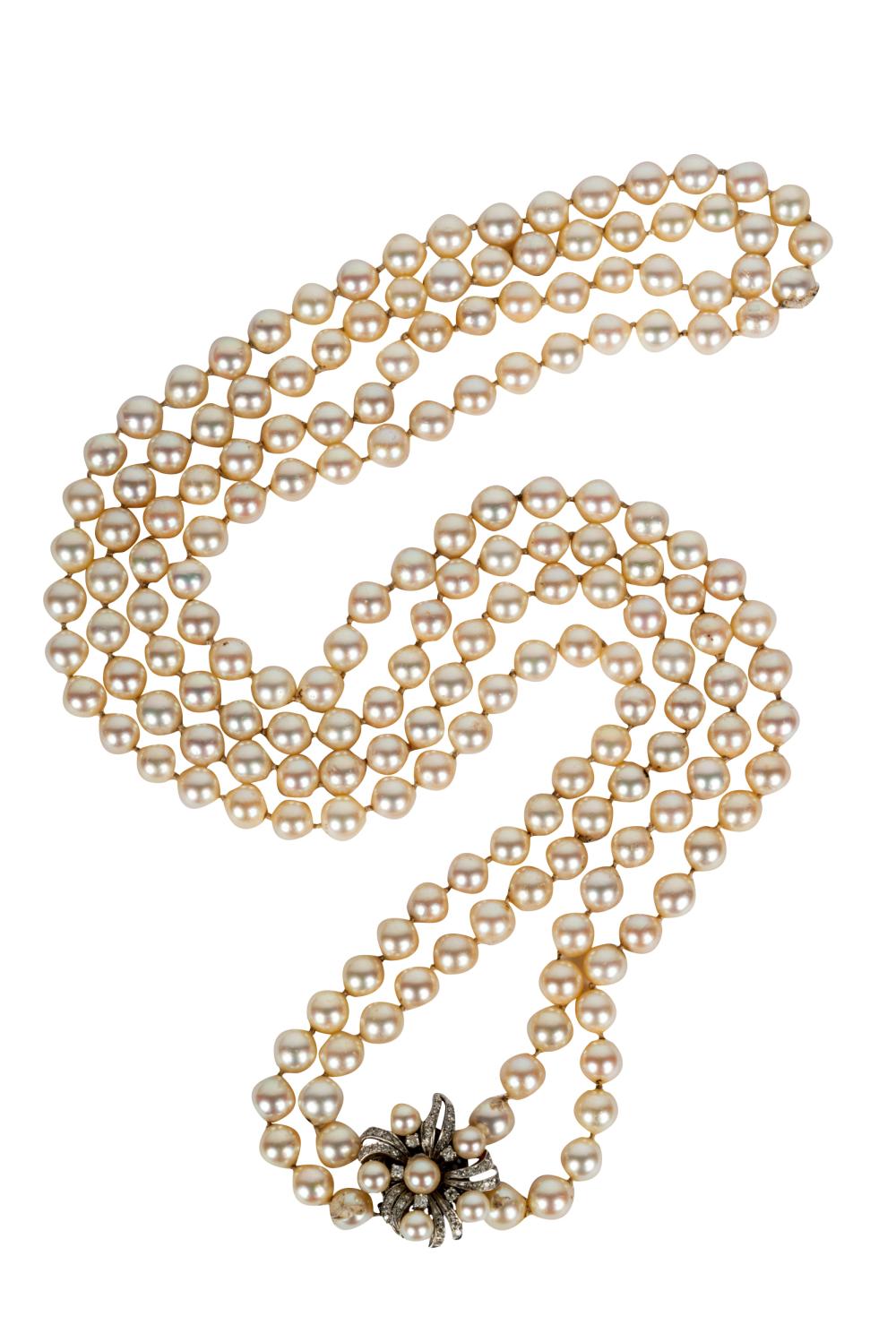 Appraisal: KARAT WHITE GOLD DIAMOND CULTURED PEARL DOUBLE STRAND NECKLACEcontaining spherical