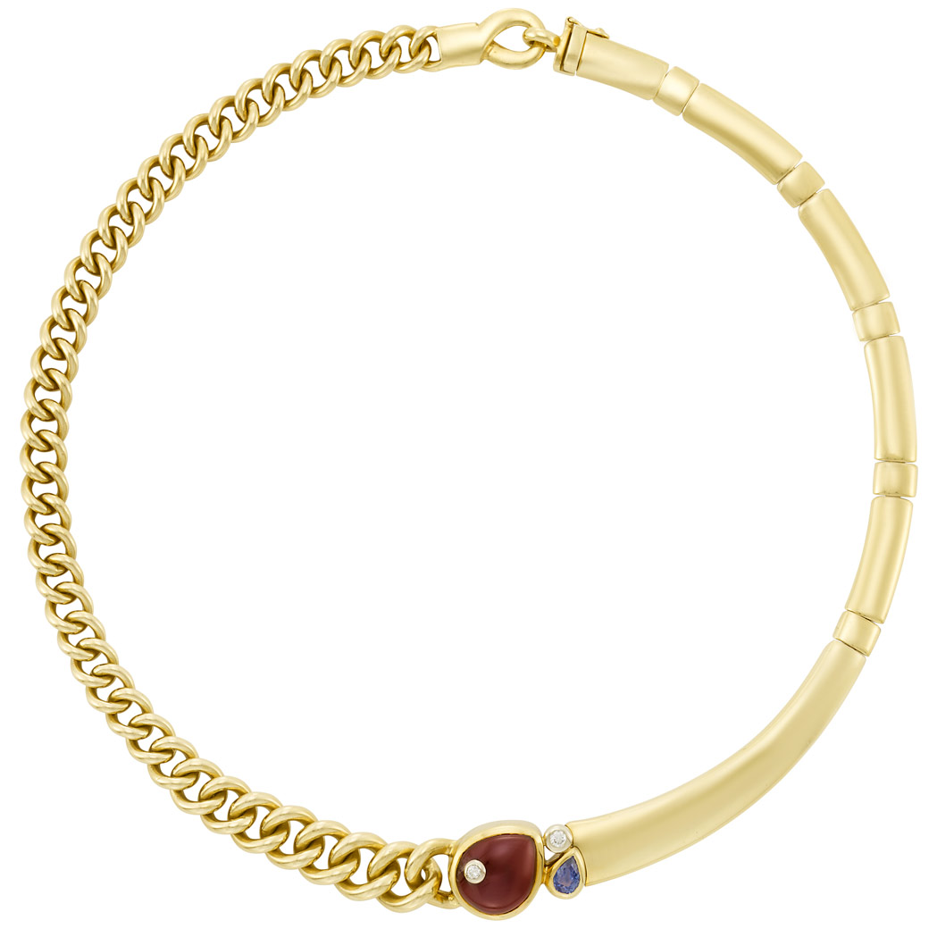 Appraisal: Gold Cabochon Garnet Diamond and Sapphire Necklace Manfredi kt one