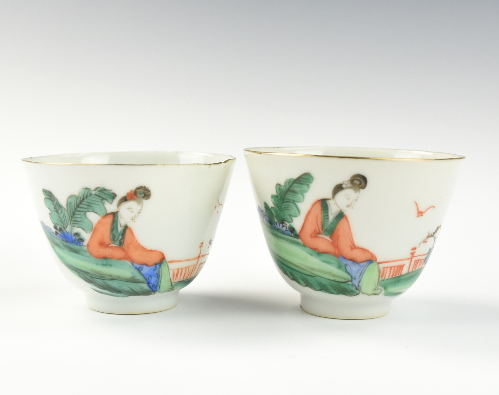 Appraisal: TWO CHINESE FAMILLE ROSE TEACUP W FIGURES TH C Chinese