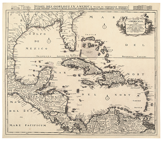 Appraisal: DANCKERTS CORNELIS Insulae Americanae Double-page engraved map x mm ample