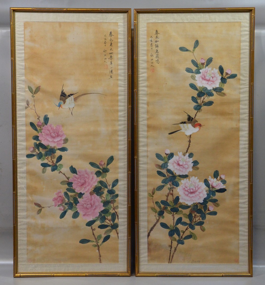 Appraisal: Chinese paintings on silk depicting birds and flowers with calligraphy