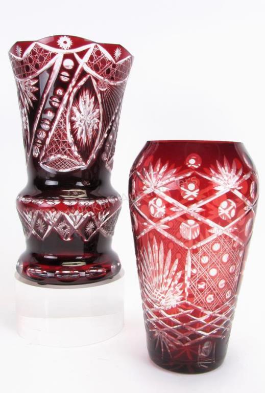 Appraisal: Two Bohemian Ruby Cut-To-Clear Glass Vases large vase with flared