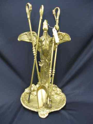 Appraisal: Figural Brass Fireplace Tool Set heronand waterlily decor ''' tall