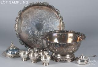 Appraisal: Large group of silver plated serving pieces George III mahogany