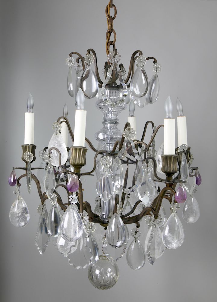 Appraisal: Louis XV Bronze Rock Crystal Amethyst and Crystal -light Chandelier