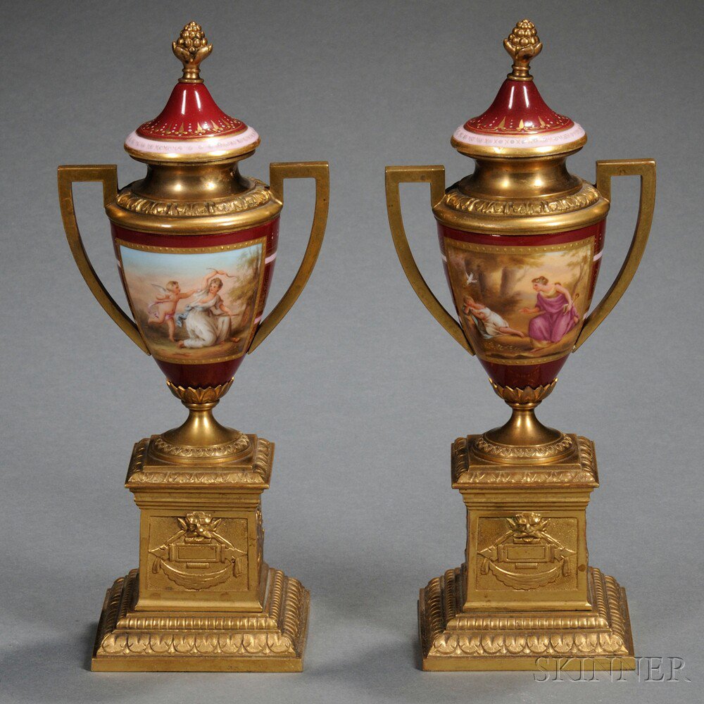 Appraisal: Pair of Gilt-bronze and Vienna-style Porcelain Vases Austria late th