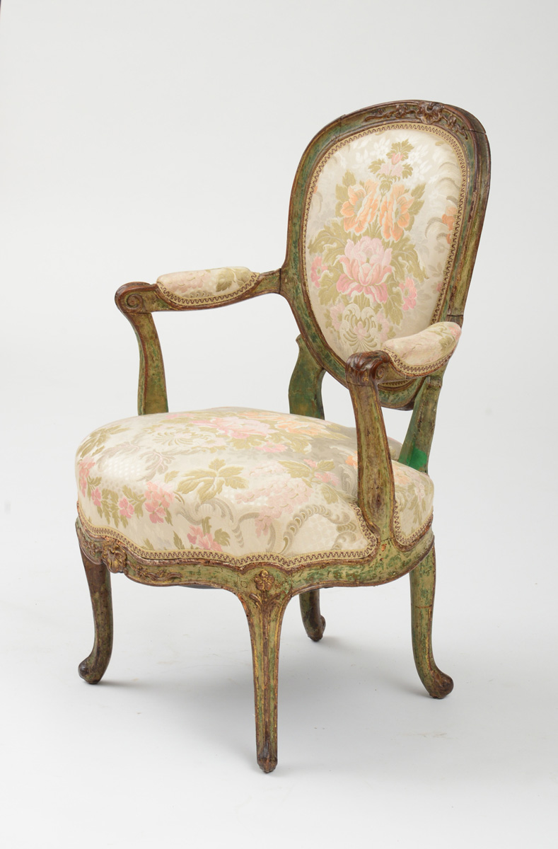 Appraisal: LOUIS XV CARVED AND PAINTED FAUTEUIL EN CABRIOLET The oval