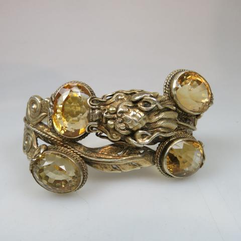 Appraisal: Sterling Silver Gilt Hinged Bangle set with large oval cut