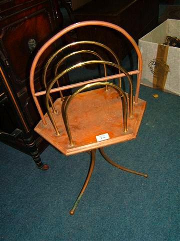 Appraisal: A th Century brass and oak magazine rack the hooped