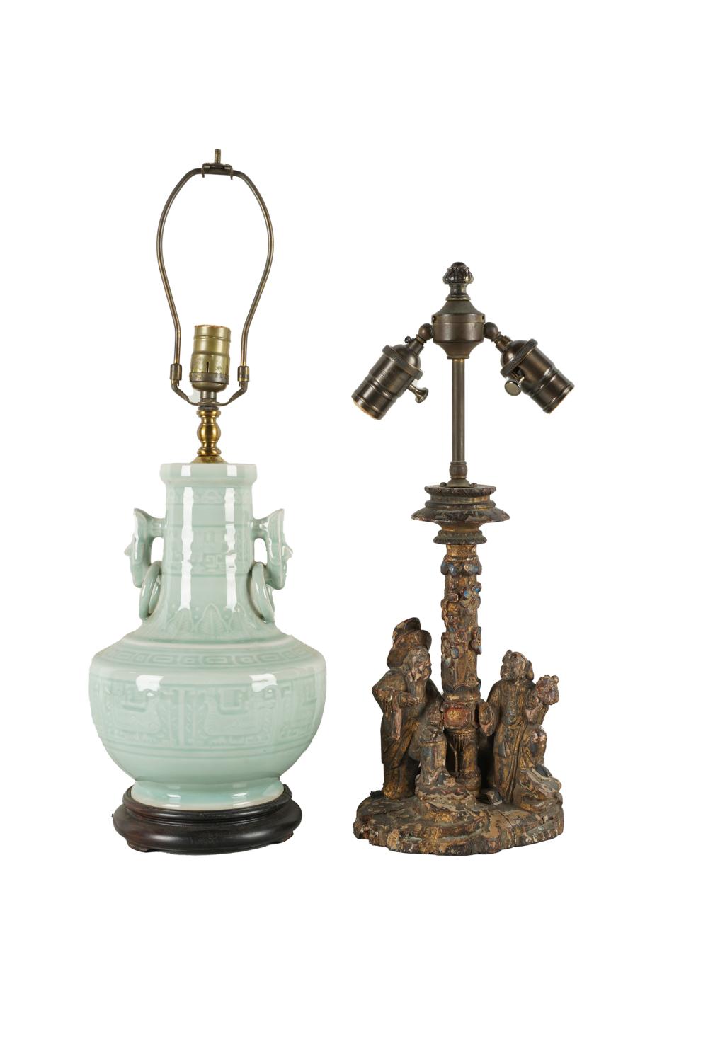 Appraisal: TWO CHINESE LAMPSone polychrome wood other is celadon Condition loss