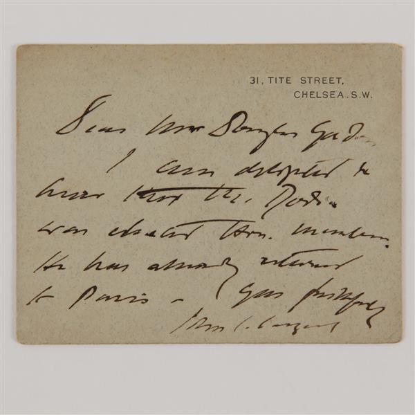 Appraisal: Artist John Singer Sargent handwritten postcard to Gustave Dore x