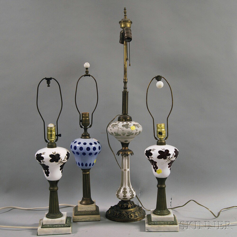 Appraisal: Four Overlay Glass Lamps a pair of white cut to