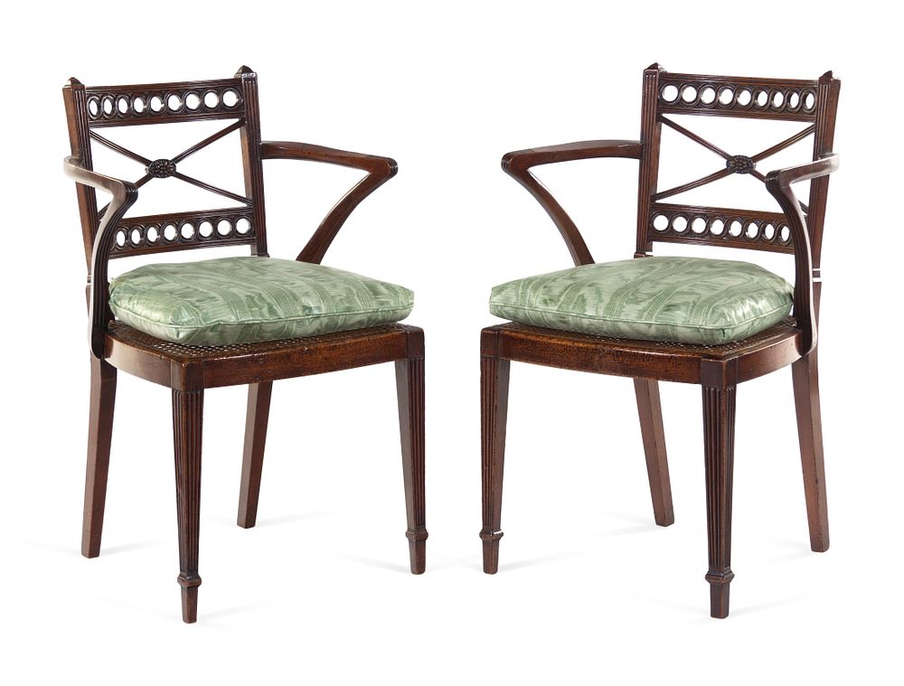 Appraisal: A Pair of Regency Carved Mahogany Cane Upholstered Armchairs A