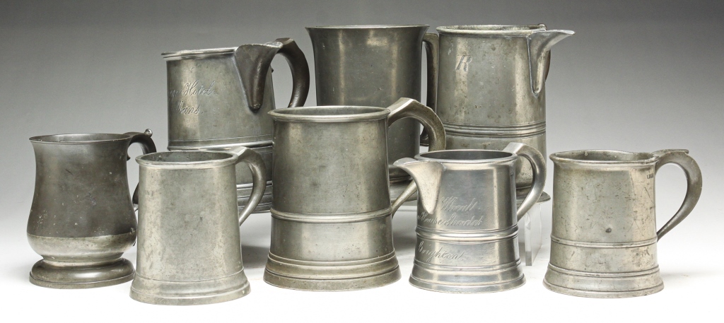 Appraisal: GROUP OF ENGLISH PEWTER MEASURES Nineteenth century Two tulip pints