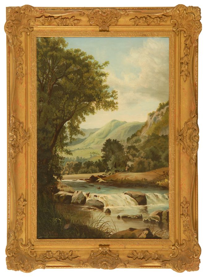 Appraisal: C A M CLAYEnglish th CenturyMountain landscape with river Signed