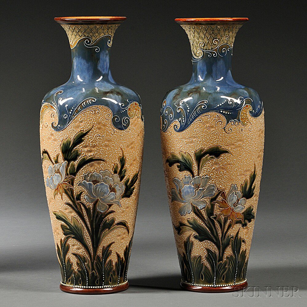 Appraisal: Pair of Doulton Lambeth Eliza Simmance Decorated Stoneware Vases England