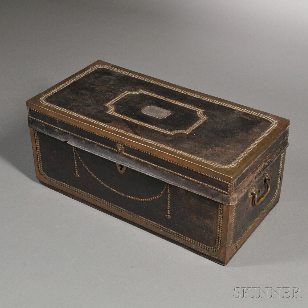 Appraisal: Sailor's Brass-bound Leather-covered Camphorwood Sea Trunk China early th century