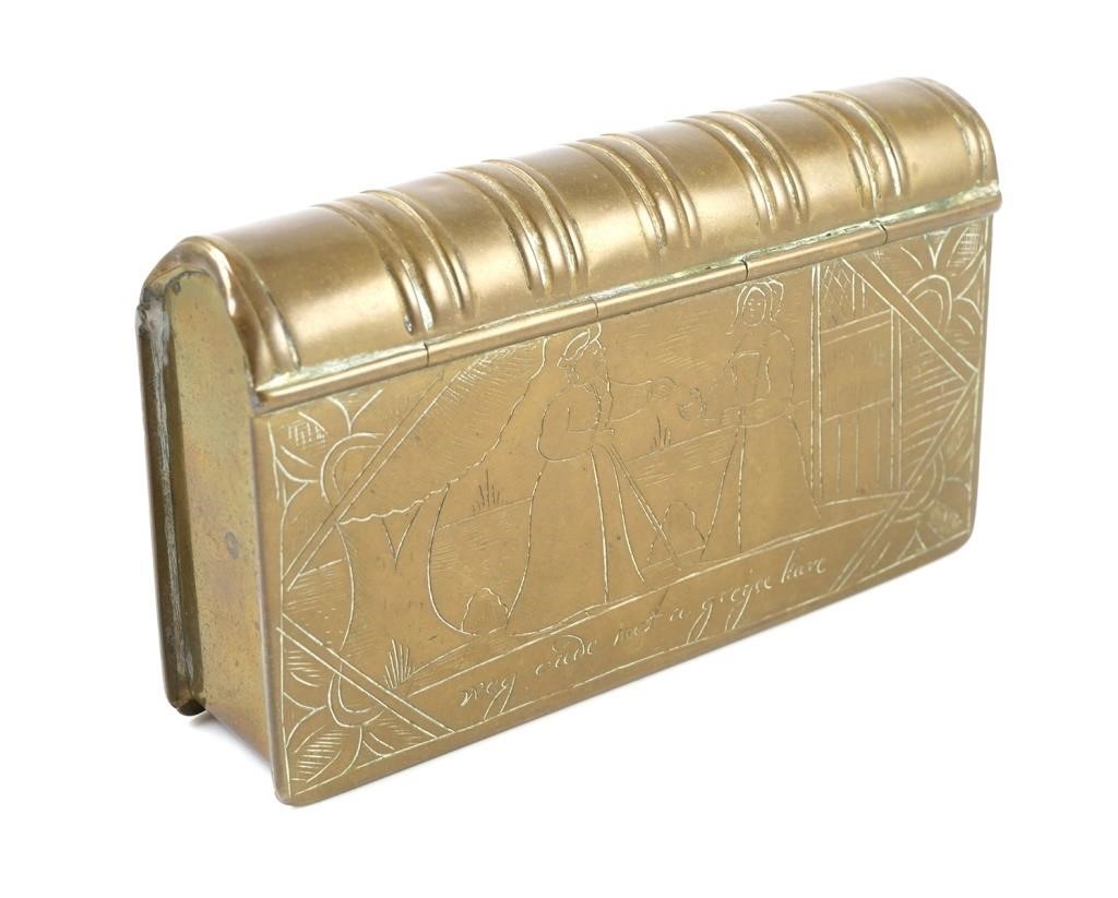 Appraisal: TH CENTURY DUTCH BRASS TOBACCO BOXIncise decorated Dutch tobacco box