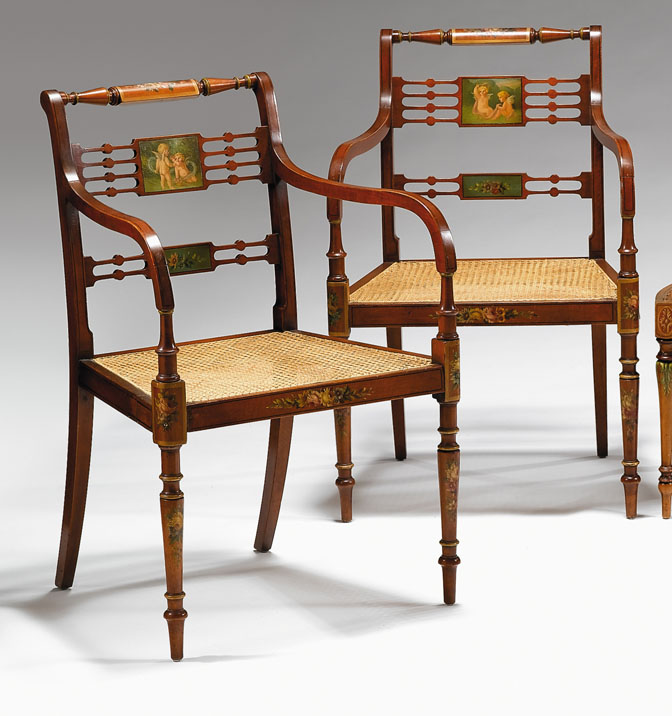 Appraisal: Pair of Regency style painted mahogany armchairs Each backrest painted