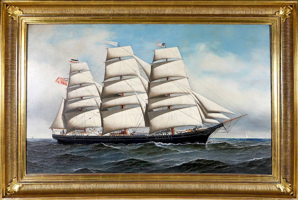 Appraisal: Antonio Jacobsen Oil On Canvas Portrait Of The Three-Masted Clipper