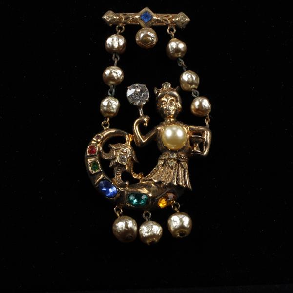 Appraisal: Sterling Gilt Mermaid Figural Dangle Brooch Pin with Faux Pearls