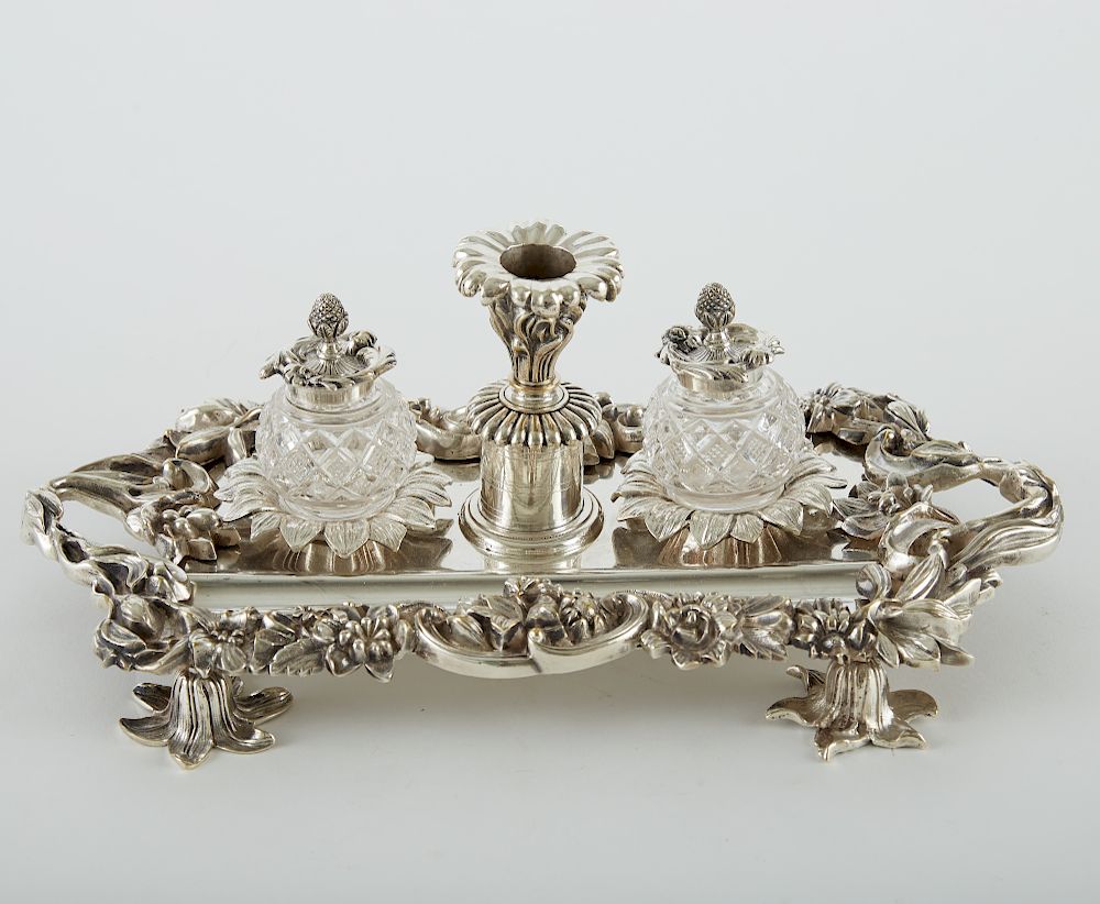 Appraisal: Ornate French Silver Plate and Cut Glass Inkstand Ornate French