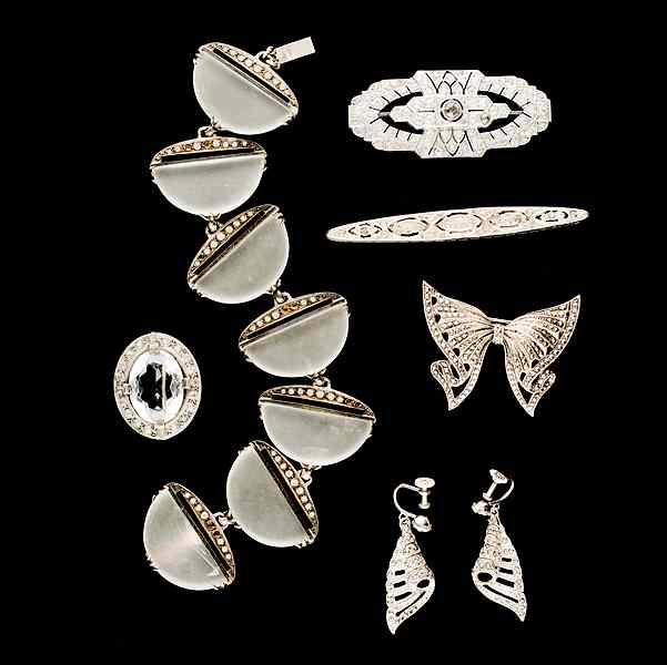 Appraisal: Art Deco Marcasite grouping of Brooches and Bracelet A grouping