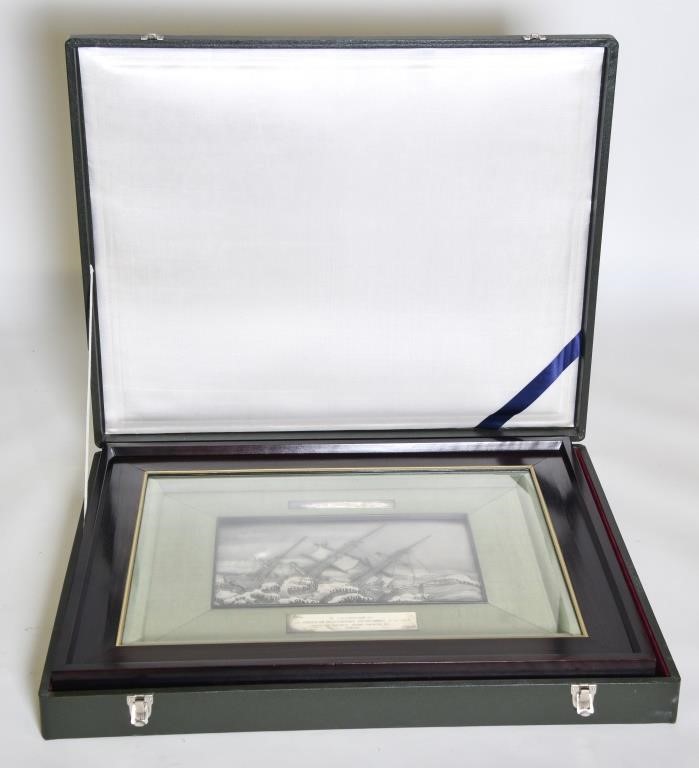 Appraisal: Cased and framed silver ship plaque x 'To the Japan