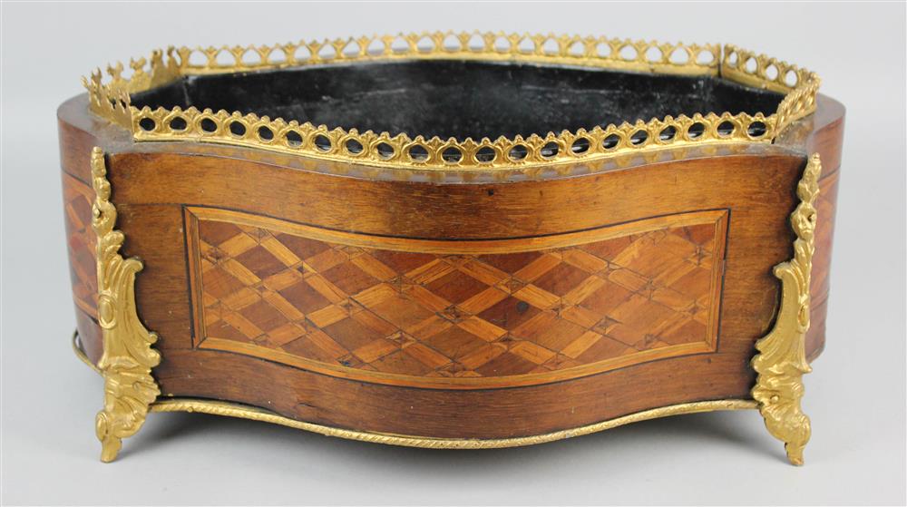 Appraisal: FRENCH GILT BRASS MOUNTED KINGWOOD AND TULIPWOOD PARQUETRY JARDINIERE in