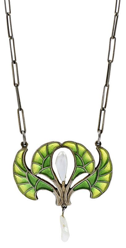 Appraisal: Heinrich Levinger Jugendstil Necklace plique-a-jour green enamel two fresh water