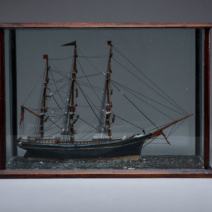 Appraisal: A Cased Painted Ship Diorama th Century with American flags