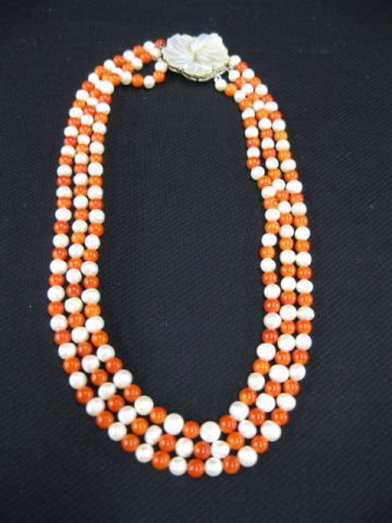 Appraisal: Pearl Coral Necklace triple strand alternating beads carved abalone floral