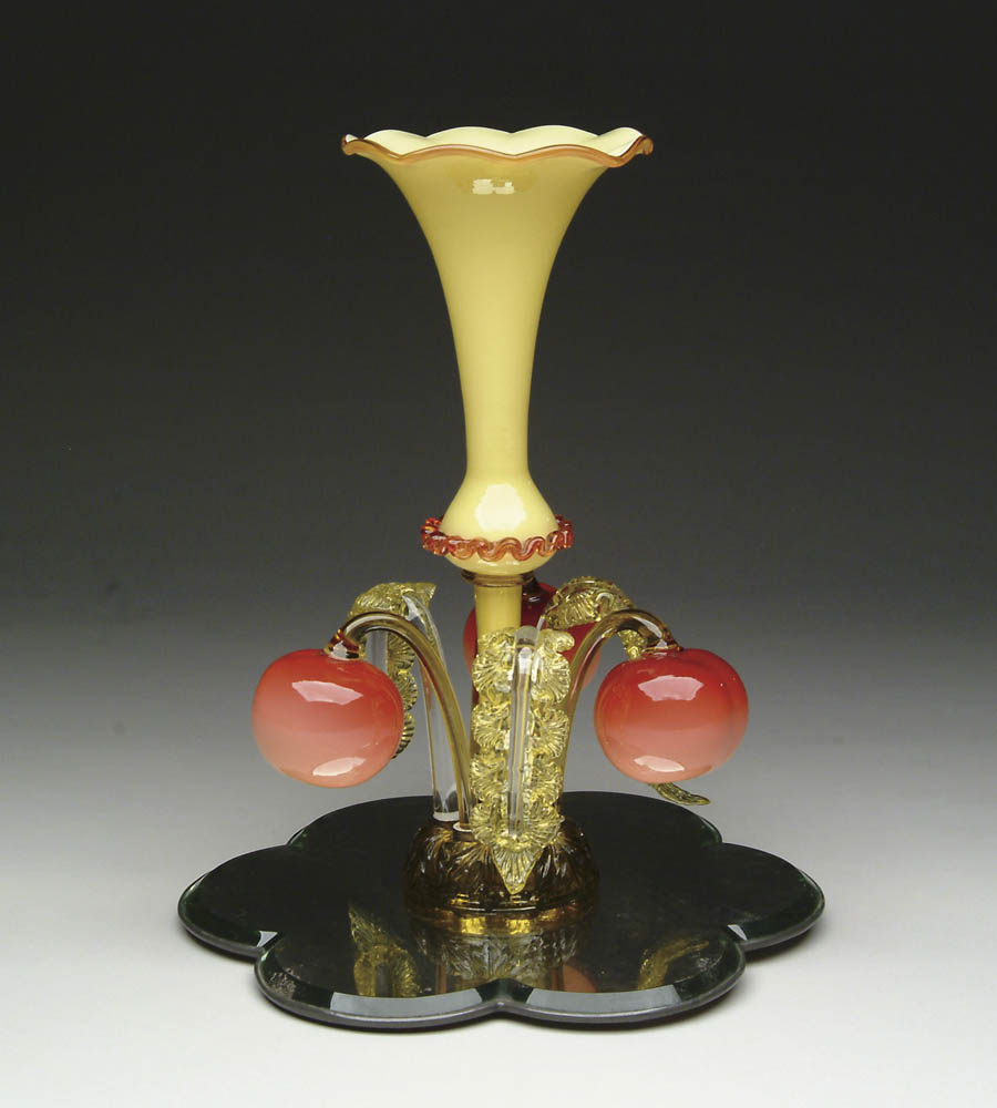 Appraisal: ENGLISH ART GLASS EPERGNE Spectacular epergne consists of three Peach