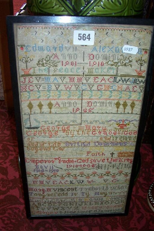 Appraisal: An early th century needlework sampler by Mary Vincent and