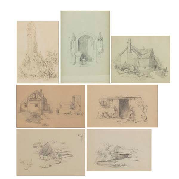 Appraisal: Seven architectural study pencil drawings A group of seven architectural