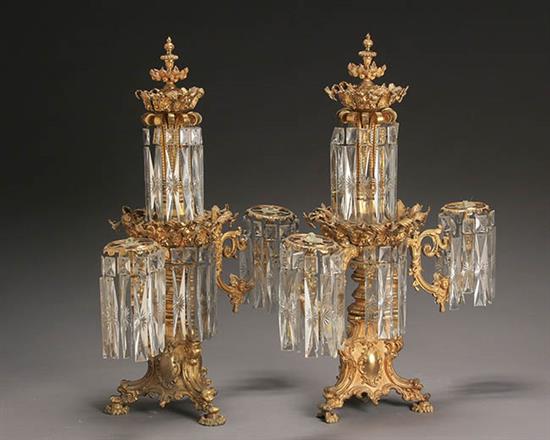 Appraisal: Pair of Napoleon III Ormolu Two-Light Lustre Candelabra Third Quarter