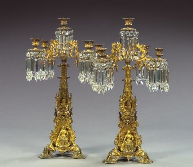 Appraisal: Fine and Rare Pair of American Gilt-Lacquered Brass Tripodal Five-Light