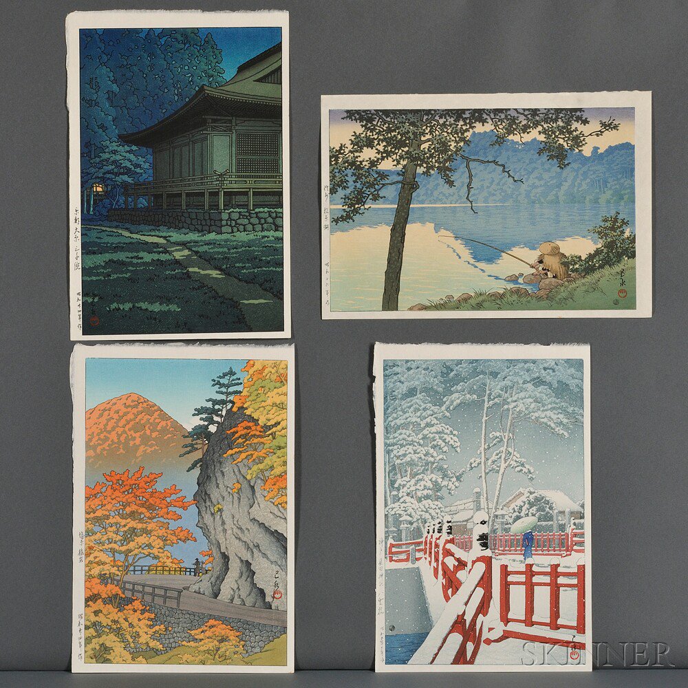 Appraisal: Kawase Hasui - Four Color Woodblocks Japan Saruiwa Rock at