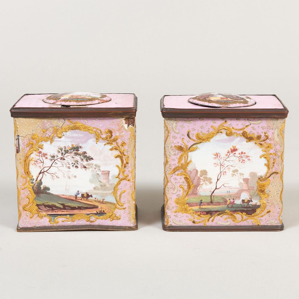 Appraisal: Pair of English Pink Ground Enamel Caddies Each painted with