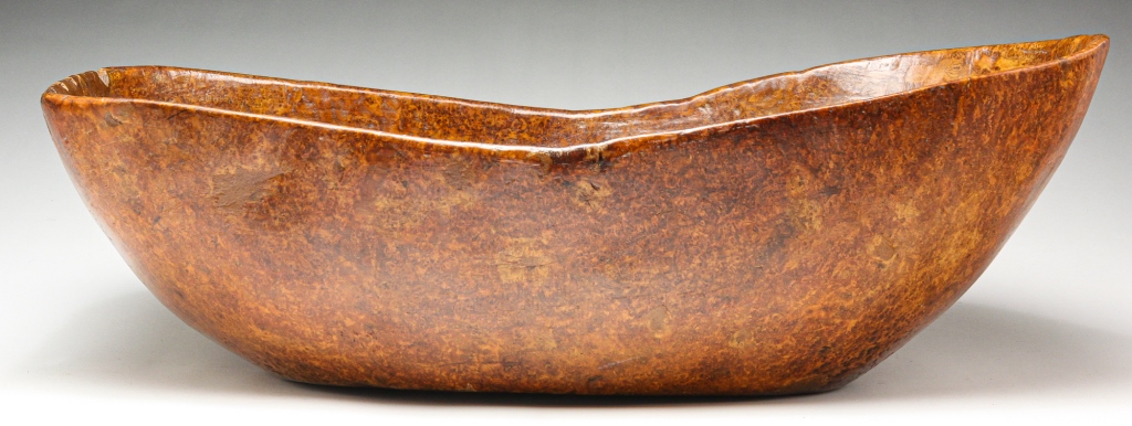 Appraisal: AMERICAN BURL BOWL Nineteenth century Oblong with cut out handles