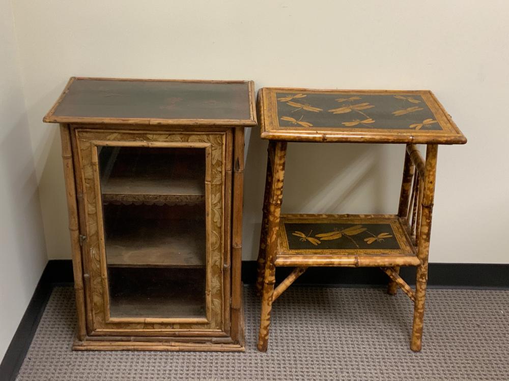 Appraisal: Victorian Aesthetic Movement Decorated Rattan Hanging Cabinet and Side Table