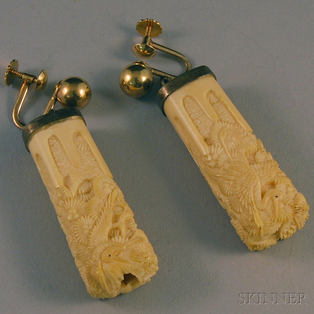 Appraisal: Pair of Earrings China rectangular molded densely with cranes amidst