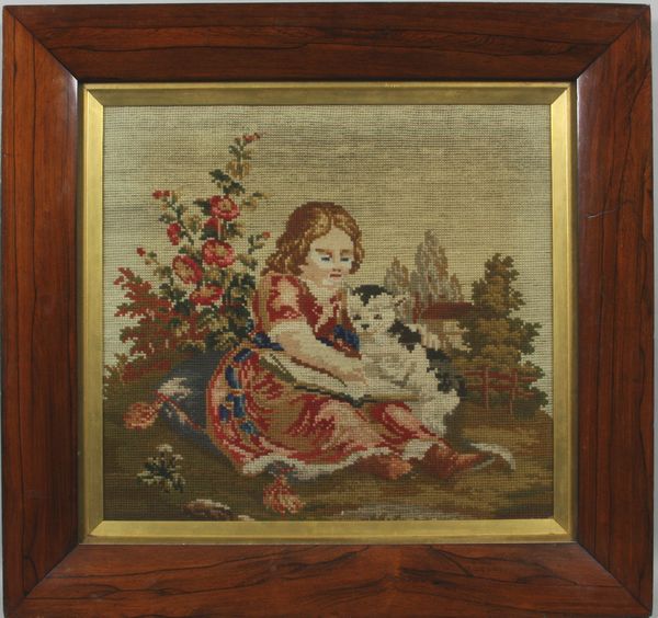 Appraisal: th Century needlework young girl with kitten x image x