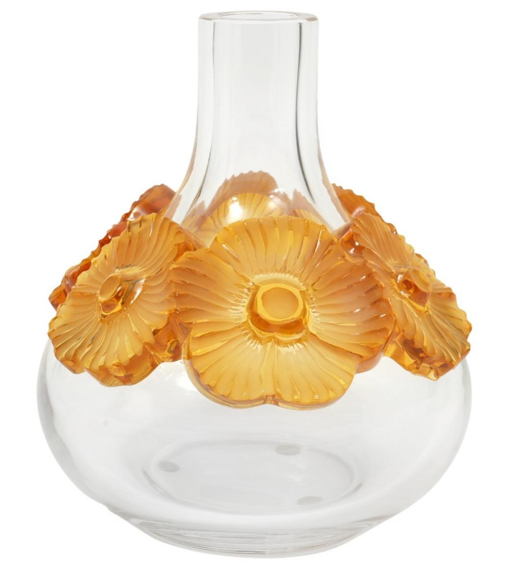 Appraisal: LALIQUE CRYSTAL ATOSSA VASE WITH AMBER FLOWERSLalique crystal Atossa art