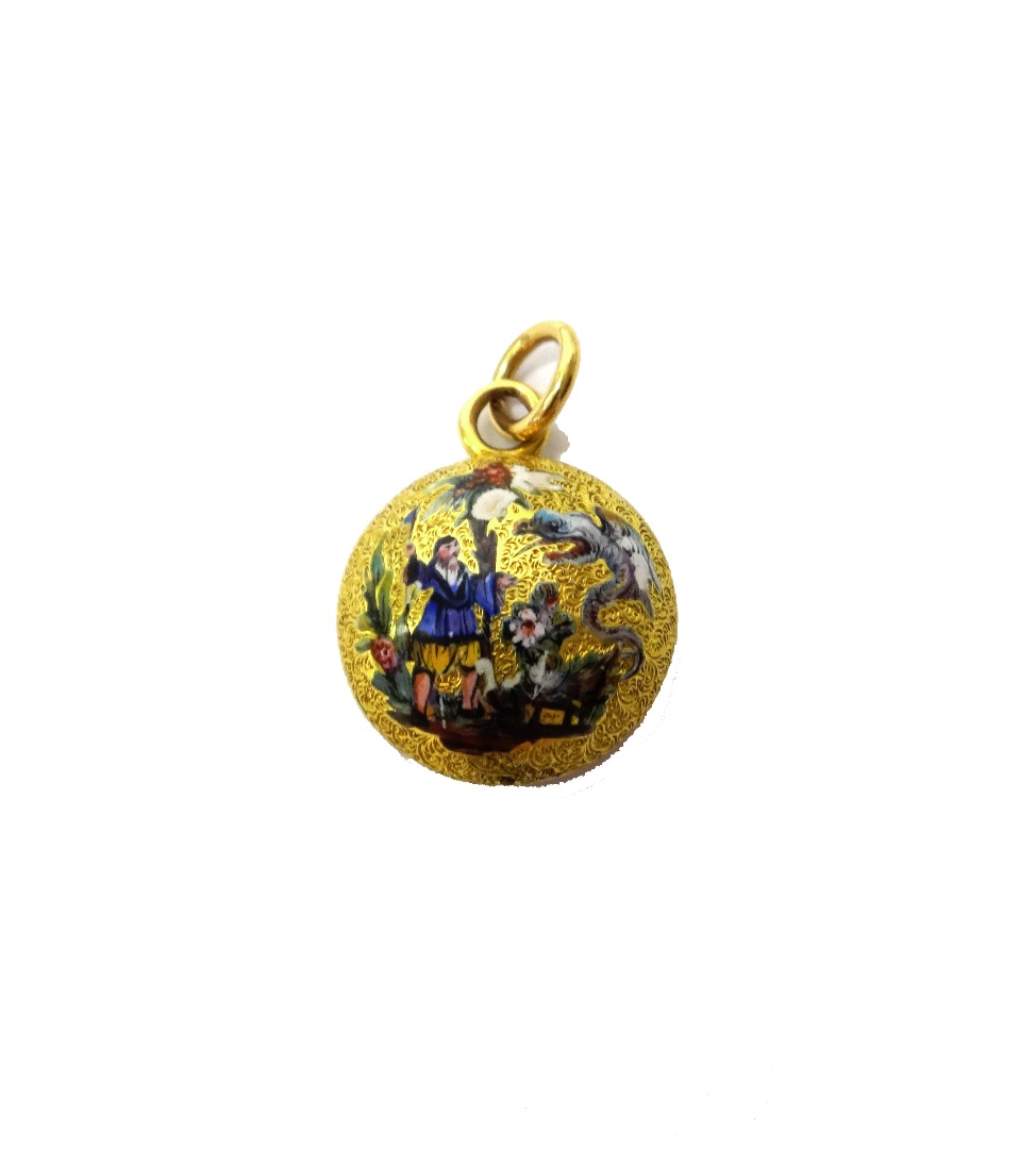 Appraisal: A gold and enamelled circular pendant decorated with an Oriental