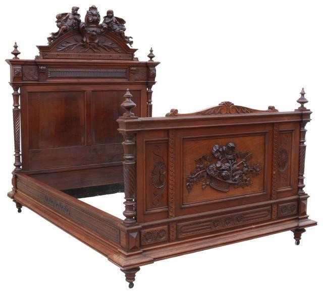 Appraisal: French walnut full-size bed late th c carved crest with