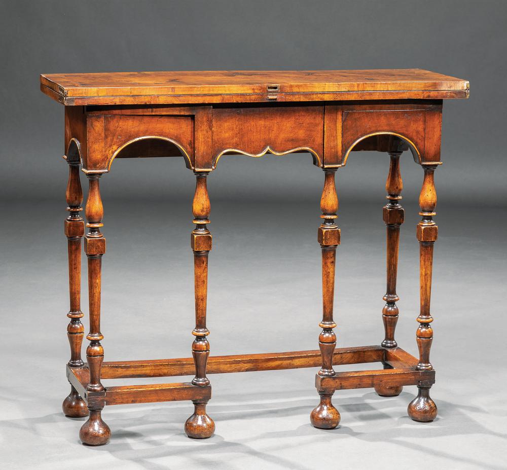 Appraisal: Antique English Burl Walnut Table banded foldover top arched frieze