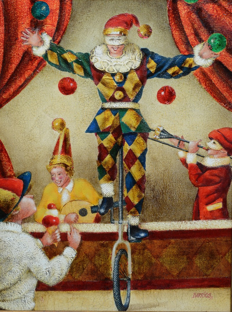 Appraisal: Edgar Barrios Peruvian b oil on canvas Jugglers' Celebration signed