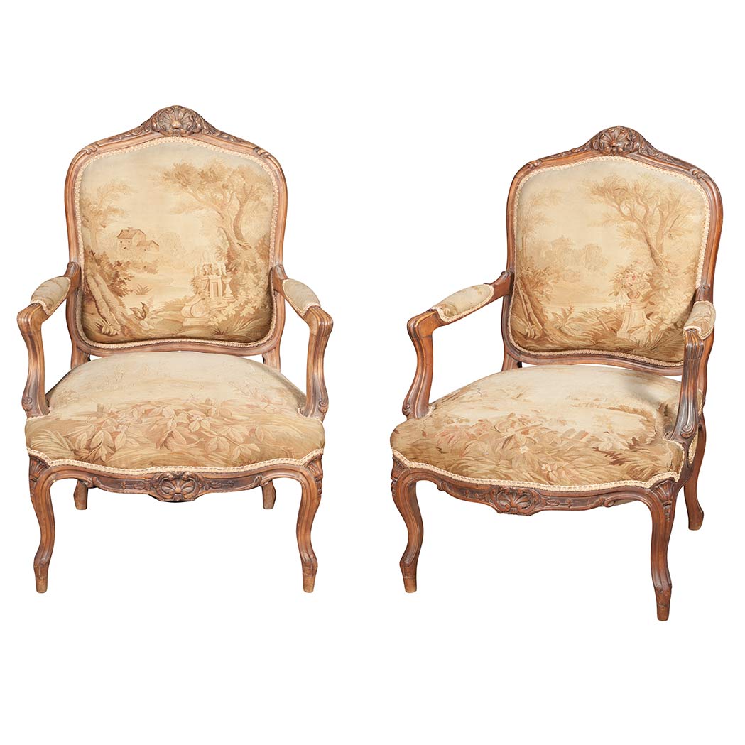 Appraisal: Pair of Louis XV Style Carved and Stained Fruitwood Fauteuils