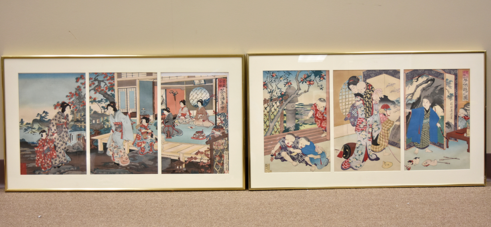 Appraisal: two Japanese woodblock of two large paintings separated into three